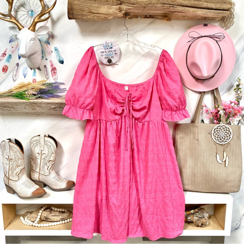 Barbiecore w Puff sleeves boho pink dress with doll shabby chic vibe - Picture 2 of 13